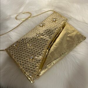 Dazzling Gold Embellished Clutch Genuine Leather